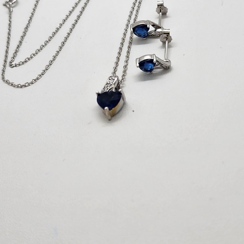 Brand New Sterling Silver 925 Blue Heart Gemstone 2pc Set - Picture 5 of 6